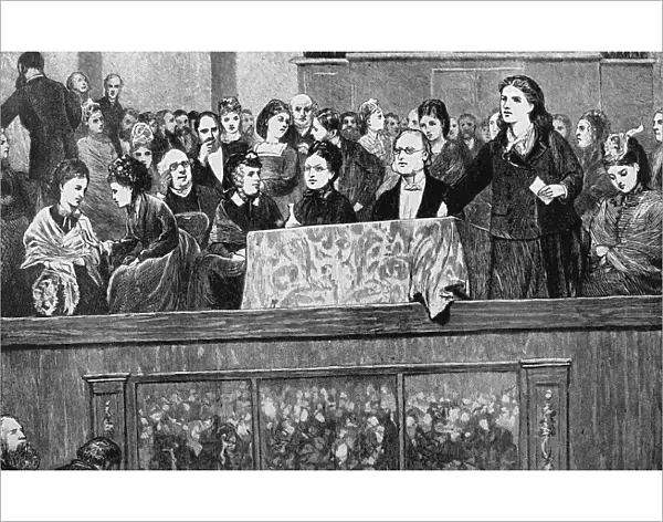 Womens suffrage: Meeting in Hanover Square Rooms about 1870; Rhoda Garrett speaking