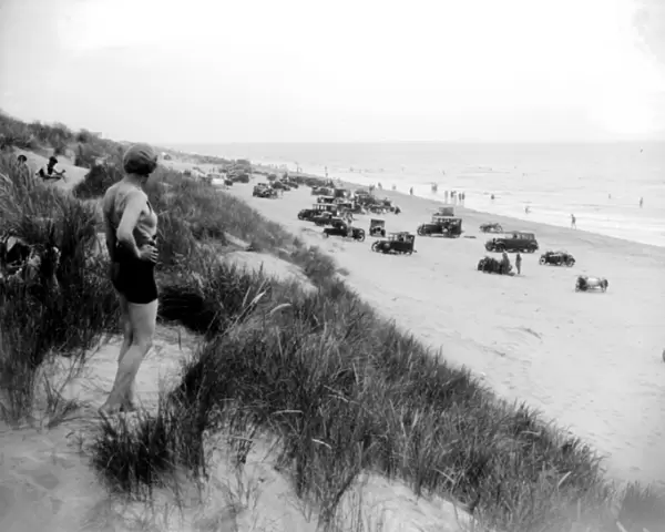 Motor cars on Camber Sands, Sussex. 1933