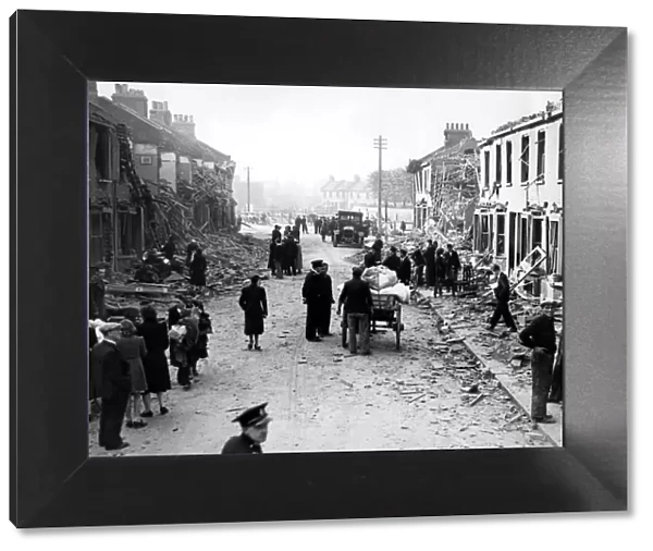 Bomb damage. The scene in a street in East Ham, East London, typical of so many