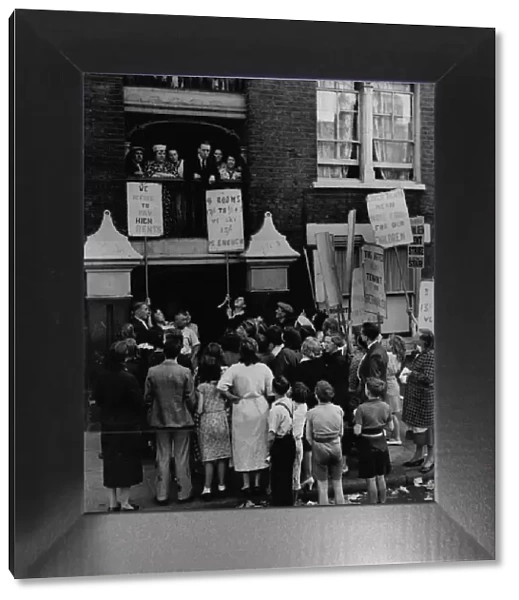 A protest meeting of tenants outside Quinn Square Building Bethnal Green London in