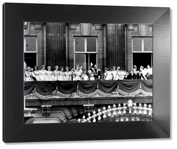 Coronation Day for Queen Elizabeth II. The Royal family line up on the Palace balcony