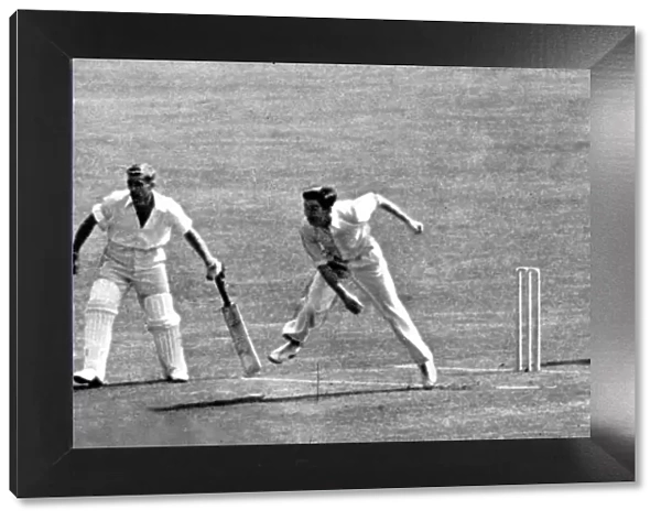 Douglas V P Wright bowling for England against New Zealand at the Oval in 1949. B