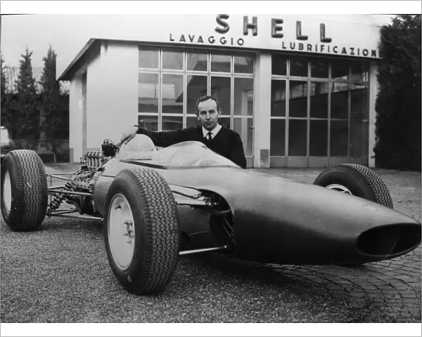 New Ferrari Formula One. Modena, Italy : British race ace John Surtees poses