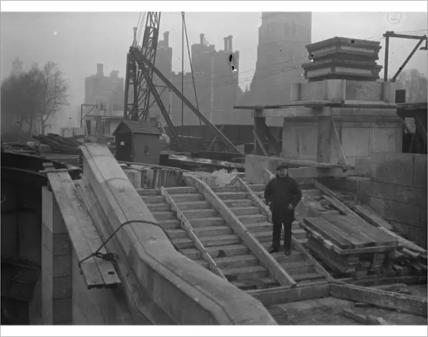Work progresses on Lambeth Bridge. A view of the progress of the work on Lambeth Bridge