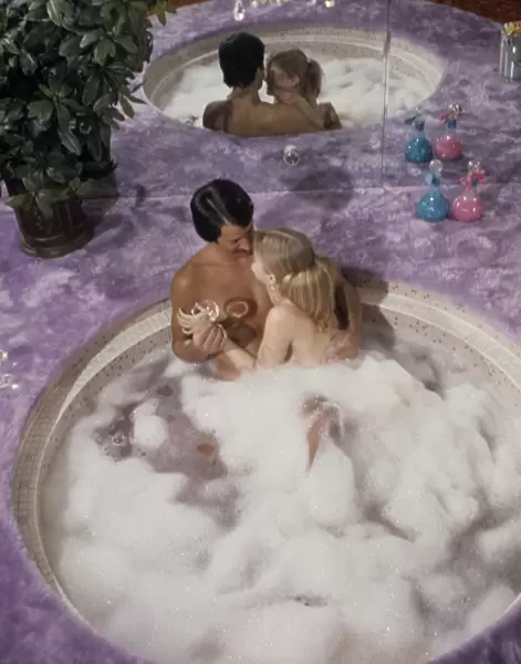 couple in hot tub 1970s funny humour cheesy bubbles valentine love couple romance