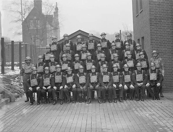 1940 Police squadron at Shooters Hill, Kent, England. with gas masks