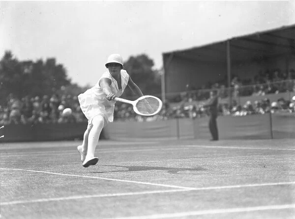 An action shot of Miss Heine at the Beckenham Tennis Tournament. 1927
