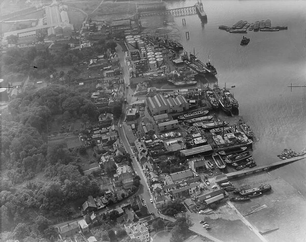 Aerial view of Greenhithe, Kent overlooking Everards shipyard, on the river Thames
