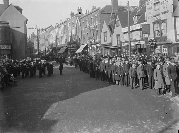 Armistice memorial service in Orpington, Kent. The procession. November 1936