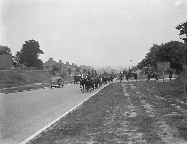 Army manoeuvers in Orpingon, Kent. Horses draw artillery pieces