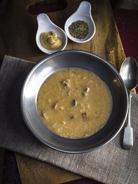A„rtsoppa, Swedish yellow pea soup, traditionally served with Slotts senap (Swedish