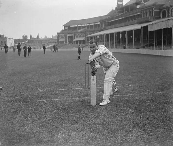 Barling, Surrey batsman. Playing forward, posed at wicket. 12 May 1928