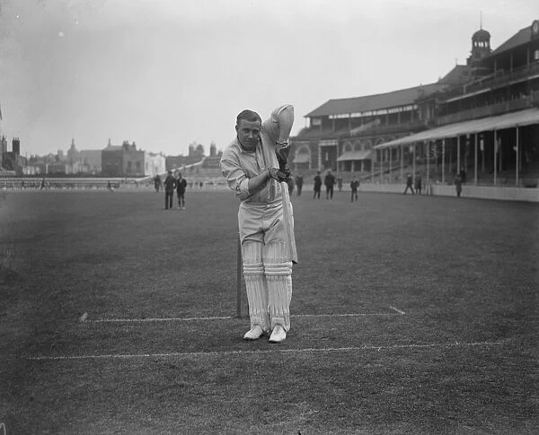 Barling, Surrey batsman. Playing to leg, posed at wicket. 12 May 1928