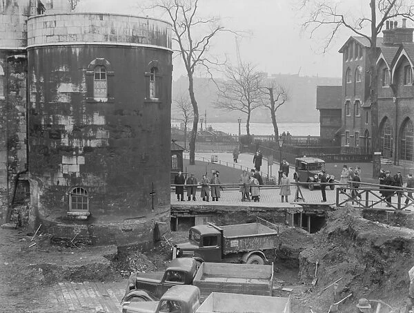 Bedford lorries on site during works at the Tower of London. 1937