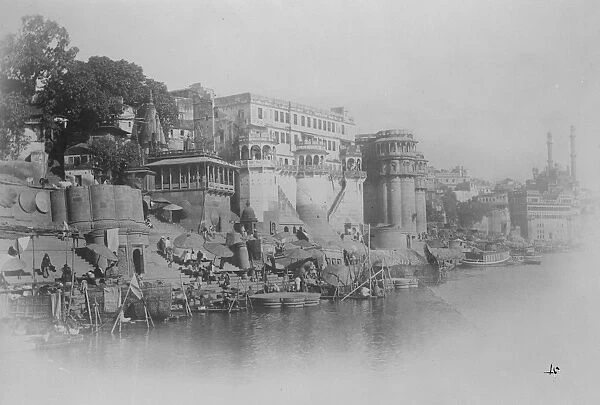 Benares. A striking view from the Ganges showing the Ghate and in the distance