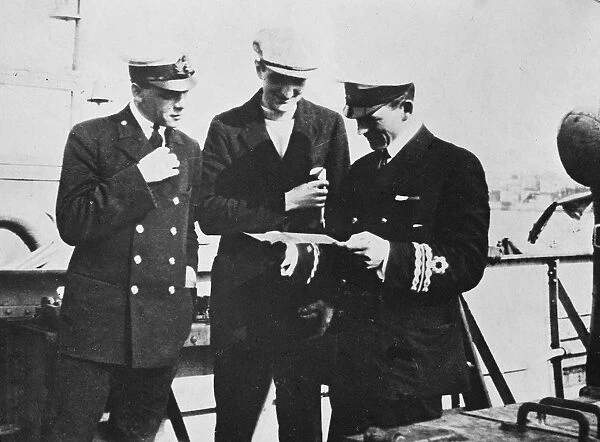 On board mystery ship PC 61 Worsley ( on right ) showing sketch of submarine UC 34