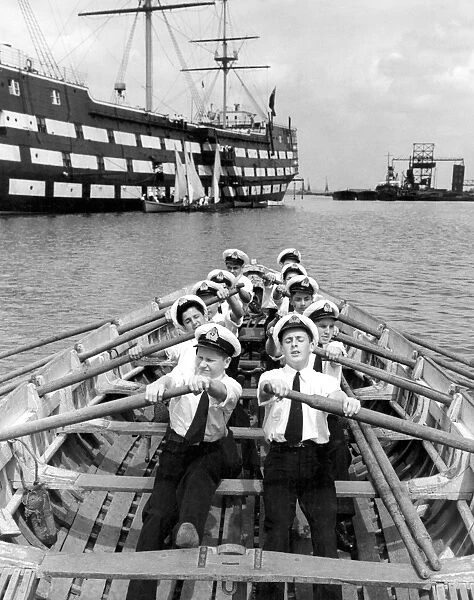 Cadets of HMS Worcester off Greenhithe Kent at rowing practice with their training