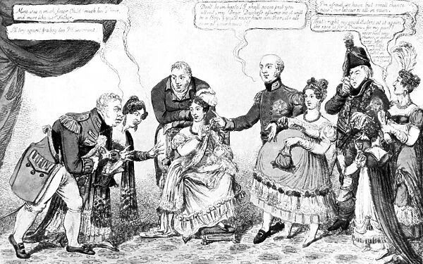 Cartoon showing members of the Royal Family in the race for an heir - Left tot Right The Duke