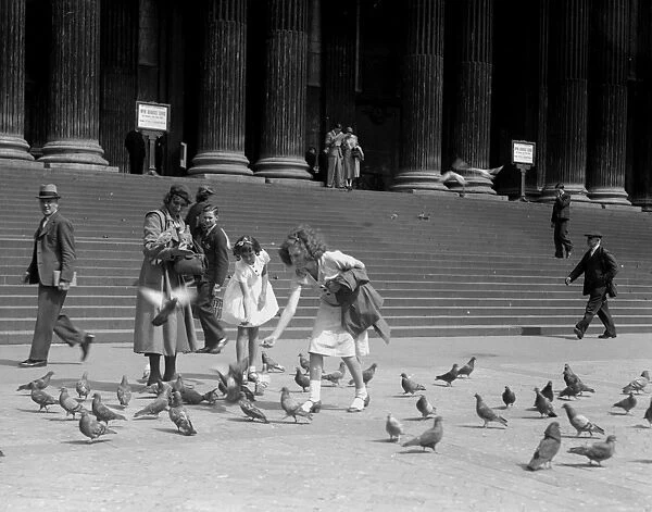 Children feeding the pigeons by the steps of St Pauls Cathedral, Saint Pauls Church Yard