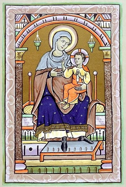 Christian 13th century illumination of the Virgin and Child. 19th century lithographic