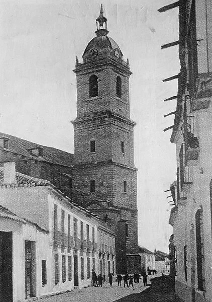 Ciudad Real, Spain. A street scene, showing the Tower of Santa Maria Del Prado