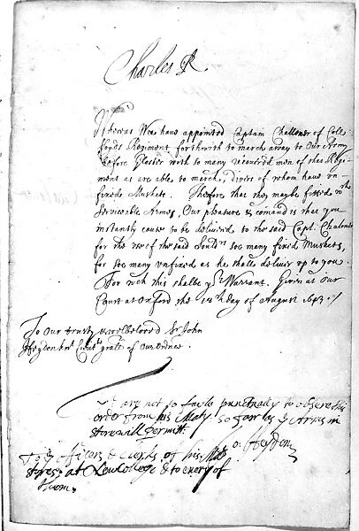 Civil War warrant for issue of muskets to Colonel Lloyds Regiment. Signed by King Charles 1