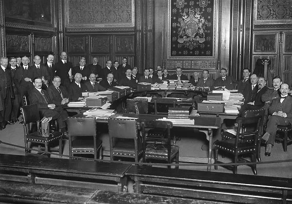 Coal commission sit at Westminster. Kings Robing Room, House of Lords. 1919