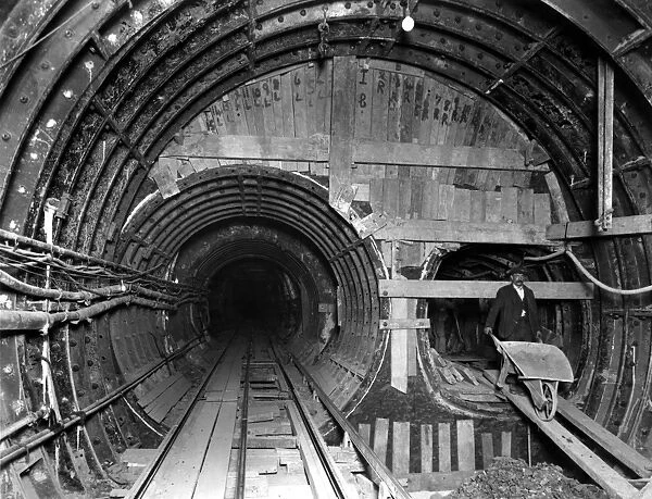 Construction of the London Underground Tube network. The newly constructed Hampstead tunnel
