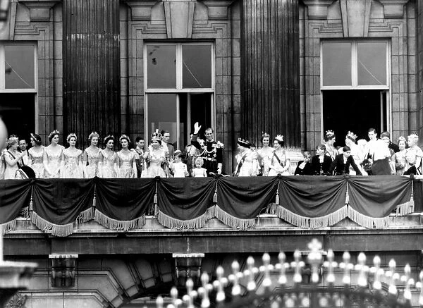 Coronation Day for Queen Elizabeth II. The Royal family line up on the Palace balcony