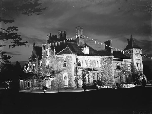 Coronation decorations at the floodlit Sidcup Place, Kent, to celebrate the coronation