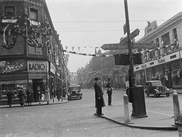Coronation decorations at Woolwich. 6 May 1937
