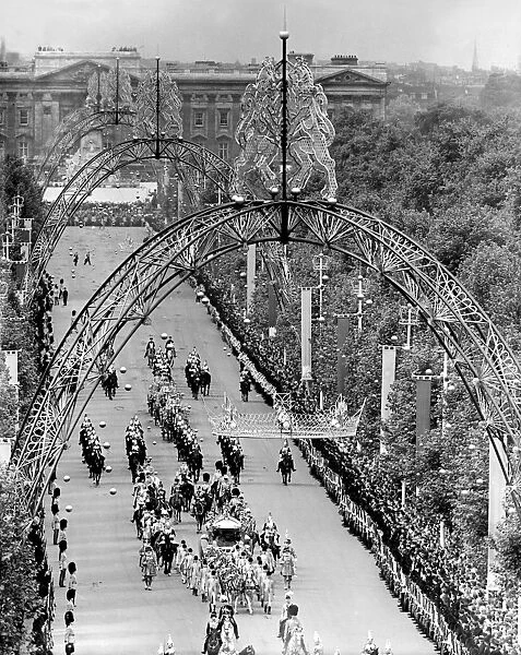 Coronation of Queen Elizabeth II. The Royal State Coach passing under the triumphal