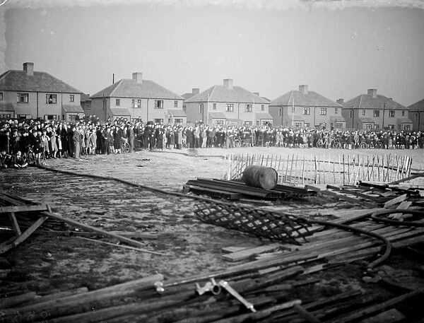 Crowds turn out to watch the timber fire at Welling in Kent. 1938