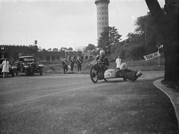 Crystal palace road racing. A H Horton races round the corner with his partner