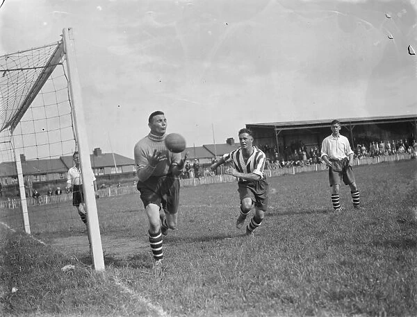 Dartford versus Guildford football match. Goal mouth action. 1939