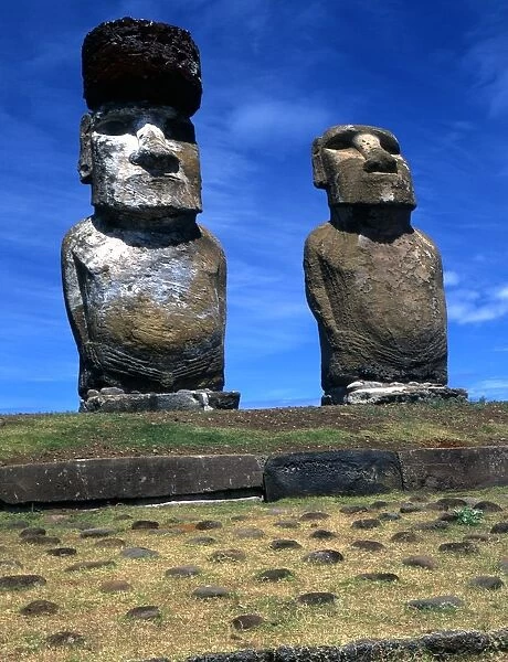 Easter Island - The raised upright giant statues below the ancient volcanic quarry