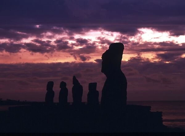 EASTER ISLAND - Upright giant statues near the ancient volcanic quarry on Easter Island