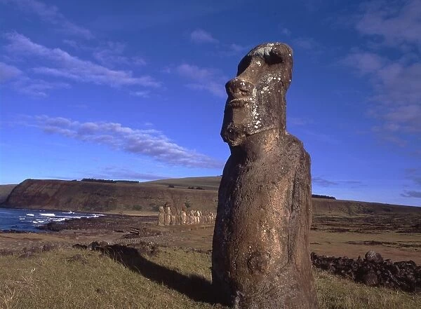 Easter Island. One of the upright giant staues near the ancient volcanic quarry