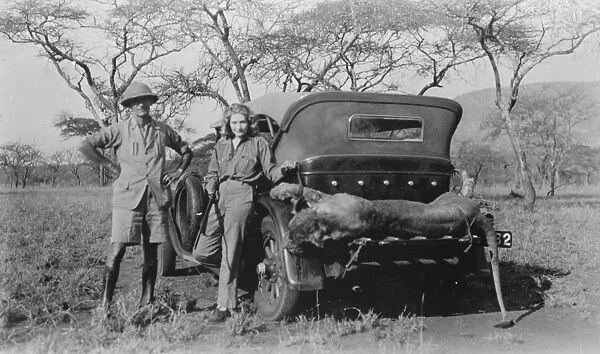 Edwina Booth with Sydney Waller and a lion shooting Tanganyika. 19 November 1929