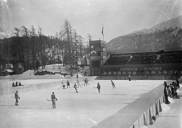English hockey team in action at St Moritz. The Sussex hockey club met the St Moritz