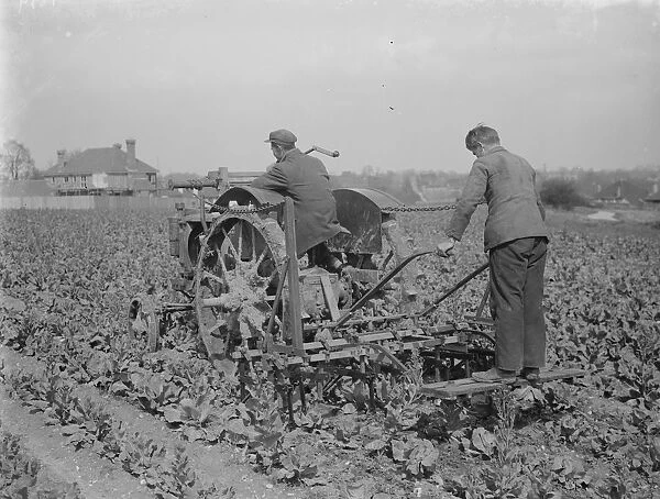 Farm workers on a tractor cultivate a field. 1935