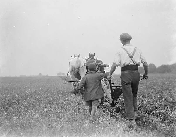 A farmer and his team of horse team plough a field in Kingsdown, Kent. A boy follows