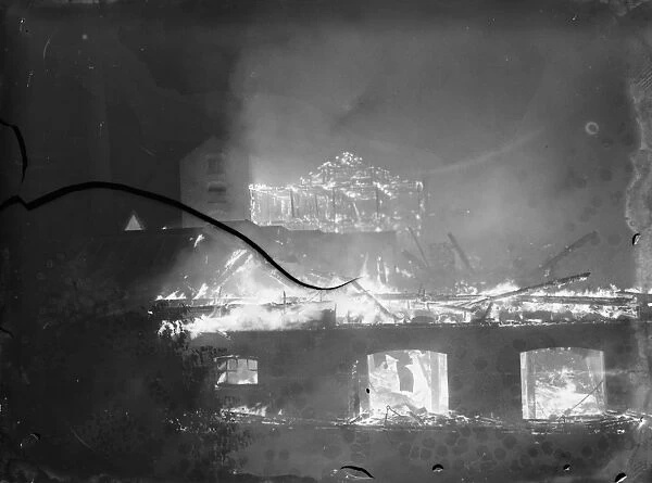 A fire blazing at the tannery in Dartford, Kent. 3 October 1939