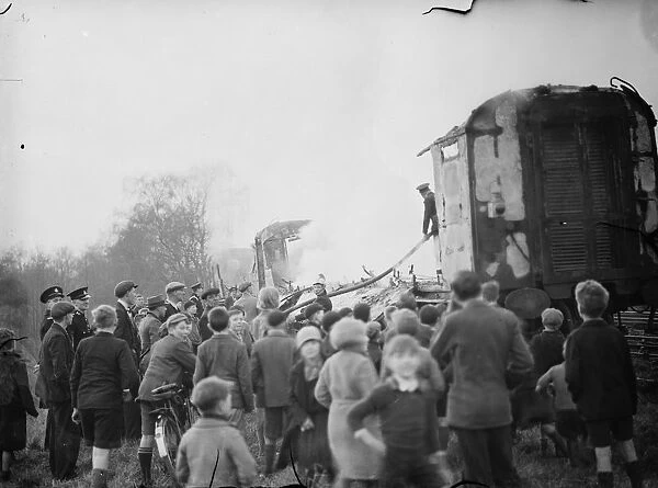 Firemen dealing with a fire on a train at Swanley, Kent. 1938