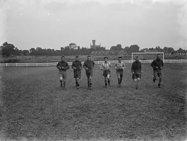 Footballers at Dartford. Players warming up. 1936