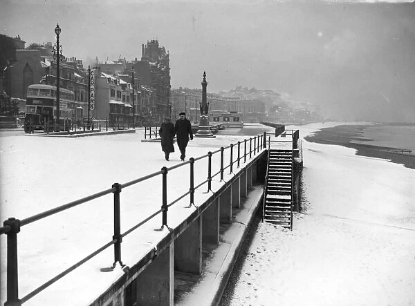 The foreshore and Parade at Hastings, Sussex photographed after the first snowfall