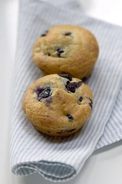 Freshly baked blueberry muffin on blue striped napkin with blue and white china credit