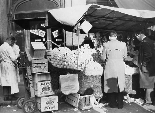Fruit stall in the Rupert Street Market, Soho, London, England. undated