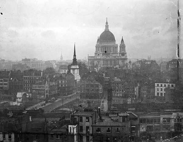 General view of City of London looking up towards St Pauls Cathedral