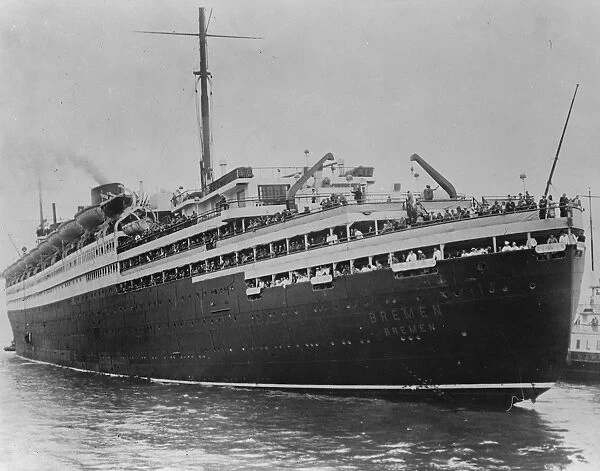 The German ocean liner, SS Bremen, cheered on her arrival at New York, USA